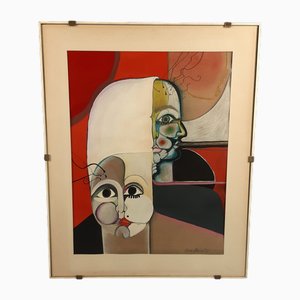Abstract Surrealist Figure, Mixed Media on Paper, 1971