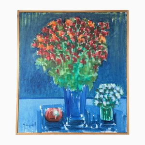 Bodegón floral azul, años 50, pintura al óleo