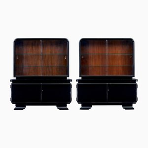 Schwarz lackierte verglaste Art Deco Schränke, 1930, 2er Set