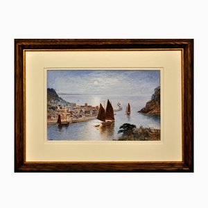 J. Wilson. Looe Town & Harbour, Cornwall, Watercolour, 1860, Framed