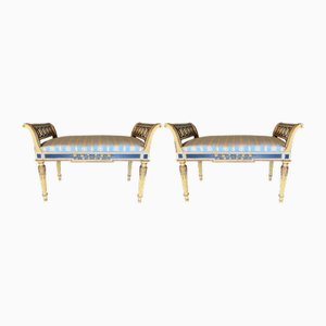 Vergoldete Louis XVI Parcel Bänke in Creme & Blauem Lack, 2er Set