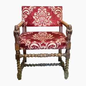 Louis XIV Armchair in Walnut with Original Damask Velvet Padding
