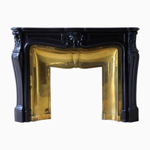 French Black Marble Trois Coquilles Fireplace with Brass Interior