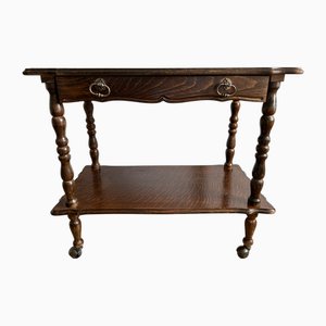 Vintage Carved Oak Hall Table on Wheels with Drawer