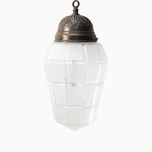 French Art Deco Brass Frosted Cut Glass Pendant Light, 1920s