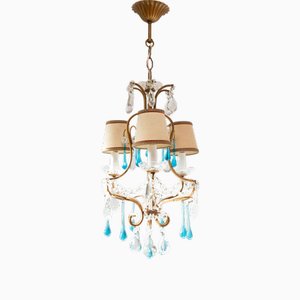 Vintage Italian Chandelier with Blue Glass Droplets, 1950s
