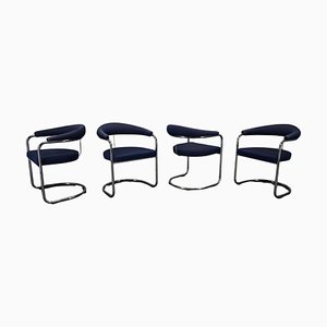 SS33 Chrome Armchairs in Blue Fabric by Anton Lorenz for Thonet, 1970s, Set of 4