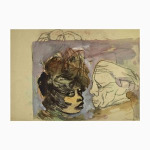Mino Maccari, The Old and the Young, Charcoal & Watercolor, Mid-20th Century