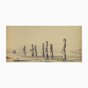 Edouard Dufeu, Water Bearers in the Desert, Pencil & Ink, Early 20th Century