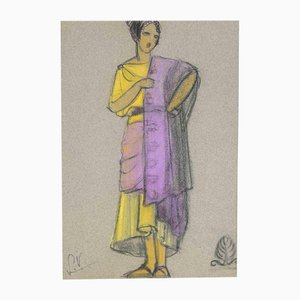 Simone Vaulpré, Theatrical Costume, Charcoal & Pastel Drawing, Early 20th Century