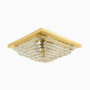Square Clear Crystal and Gold-Plated Pyramid Flush Mount attributed to Venini, 1970s