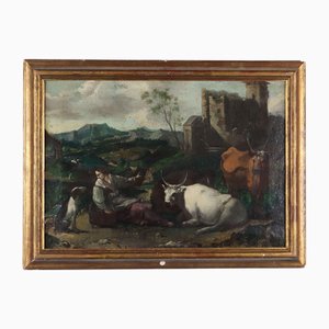 Cattle and Shepherdess, Oil on Canvas, Framed