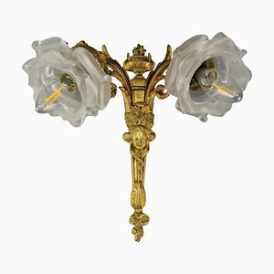 French Neoclassical Style Bronze and White Frosted Glass Two-Arm Sconce, 1890s