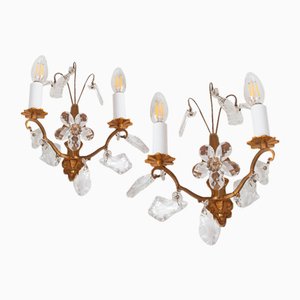 Vintage French Bronze Wall Lights with Flowers, Set of 2