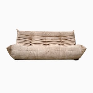 French Togo 3-Seater Sofa in Beige Corduroy attributed to Michel Ducaroy for Ligne Roset, 1970s