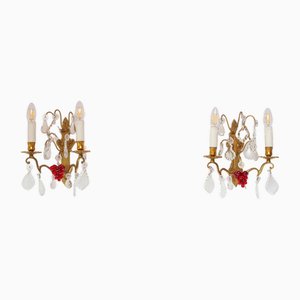 Vintage French Gilt Wall Lights with Red Glass Grapes, 1960s, Set of 2