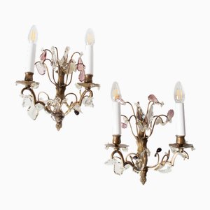 Appliques Murales Antiques en Laiton et en Verre, fin du 19ème Siècle, Set de 2