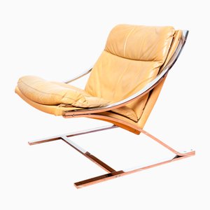 Poltrona Zeta Mid-Century in pelle color crema, cromo e pelle di Paul Tuttle per Strassle MCM, anni '70