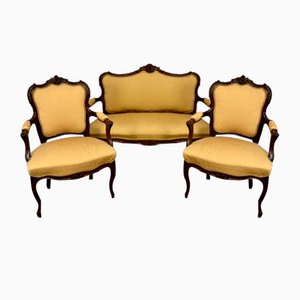Suite Victorienne Antique en Noyer Sculpté, France, 1860, Set de 3