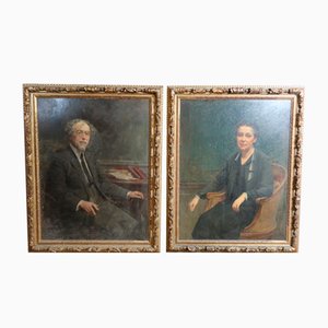 Tony Tollet, Grands Portraits de Couple, Début des Années 1900, Peintures à l'Huile, Encadrés, Set de 2