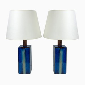 Danish Blue Ceramic & Teak Table Lamp from Søholm Stentoj, Denmark, 1960s, Set of 2
