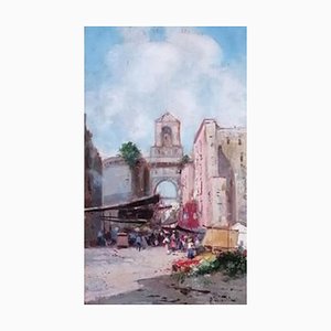 Oscar Ricciardi, Place de Naples animée, Olio su tavola, Incorniciato
