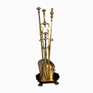 20th Century Set of Brass Fireplace Accessories on a Stand, Set of 4