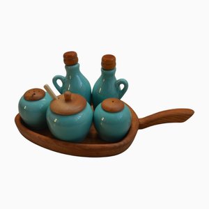 Vintage Cruet Set in Wood and Ceramic, 1960s, Set of 7