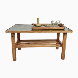 Oak Coffee Table with Green Tiles and Matching Tray, Set of 2