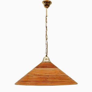 Mid-Century Modern Pendant Light in Rattan and Brass, Italy, 1950s
