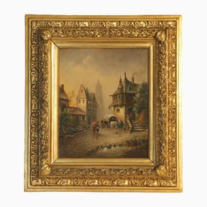 Fritz Reiss, Escena Biedermeier, siglo XIX, óleo sobre madera, enmarcado