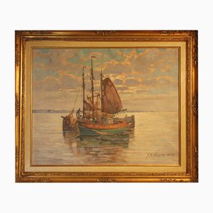 Franz Max Richter-Reich, Fishing Boats Off the Coast at Dusk, 20th Century, Oil on Canvas, Framed