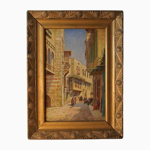Gustav Rockholtz, Scena di strada al Cairo, inizio XX secolo, Olio su cartone, con cornice