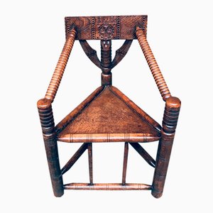 Brutalist Carved Oak Tripod Monk Chair, Sweden, 1930s