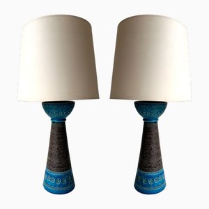 Blaue italienische Mid-Century Rimini Keramik Lampen von Aldo Londi für Bitossi, 1970er, 2er Set