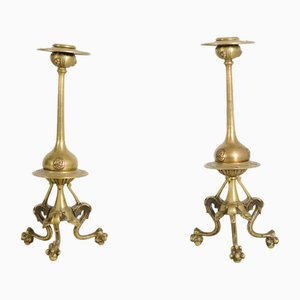 Art Nouveau Gothic Brass Candleholders, Set of 2
