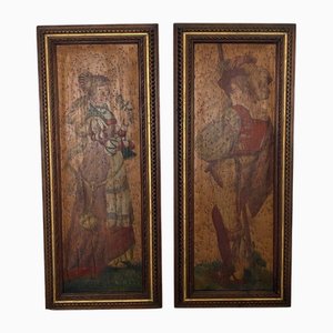 Painted Wooden Panels with Haute Epoque Decor and Wooden Frames, Set of 2