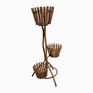 Vintage French Bamboo and Rattan Plant Stand, 1970s