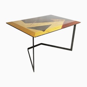Wooden Table with Geometric Inlays and Metal Base by Offredi for Saporiti, 1980s-1990s
