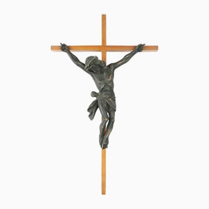 Antique Realistic Wooden Crucifix, France, 1850