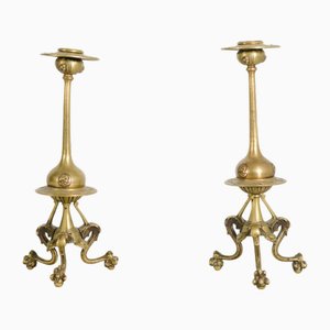 Art Nouveau Gothic Brass Candleholders, 1890s
