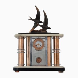 Art Deco Glass Panelled Clock with Bronze Swallows, 1930s