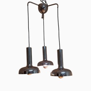 Lámpara en cascada vintage de tres llamas con marco de metal cromado, años 70