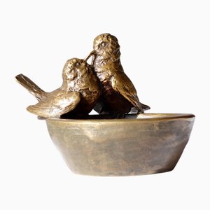 Early 20th Century Italian Bronze Sculpture Bowl with Birds by Luigi Secchi