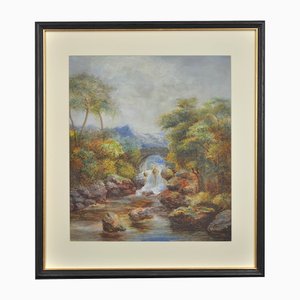 William Mellor, Waterfall & Stone Bridge, River Llugwy, Near Capel Curig, Wales, Late 1800s, Watercolor, Framed