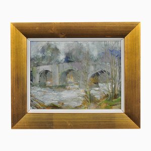 Anthony Morris, Llangynidr Bridge Over the River Usk, Wales in Winter, 1990s, Oil on Board, Framed