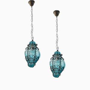 Blaue Murano Glas Hängelampen, 1970er, 2er Set