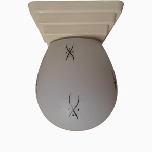 Mid-Century Ceiling Lamp with Stepped Cream-White Bakelite Base and White Glass Shade with Hand-Painted Black Decor by Niko, 1950s