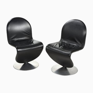 Juego de sillas auxiliares modelo 1-2-3 de cuero negro de Verner Panton para Fritz Hansen, años 70