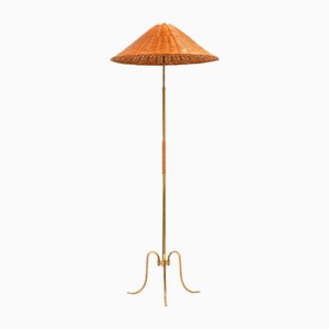 Height Adjustable Floor Lamp in Brass, Woven Cane and Rattan Shade, 1940s